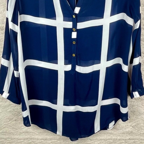 CYNTHIA ROWLEY Nautical Sheer Blouse Popover Navy Blue Window Pane Print Medium - Picture 4 of 16